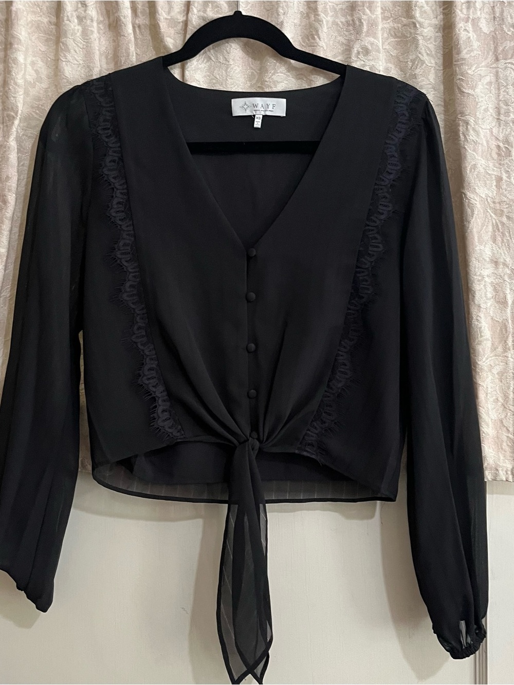 XS Wayf Black Tie-Front Sheer Sleeve Blouse